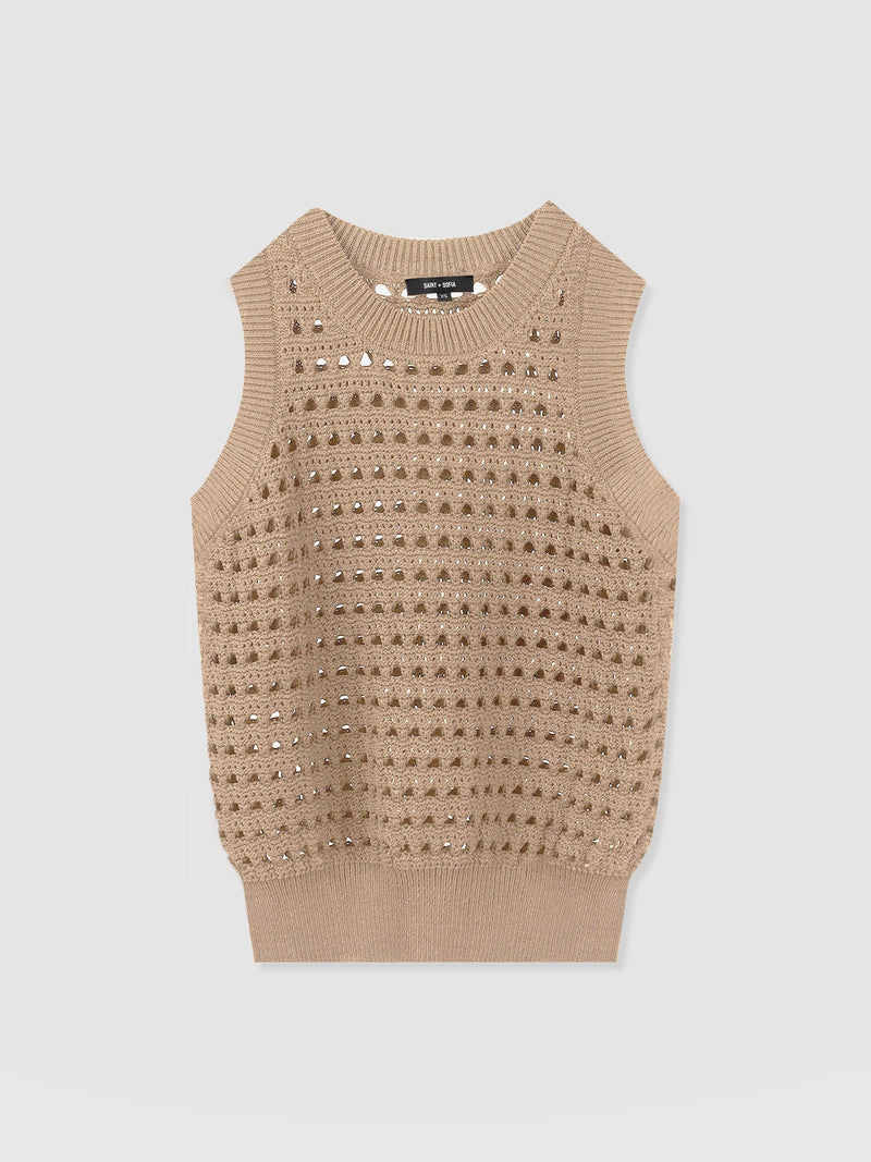 Adler Sleeveless Knit Camel - Women's Vests | Saint + Sofia® UK