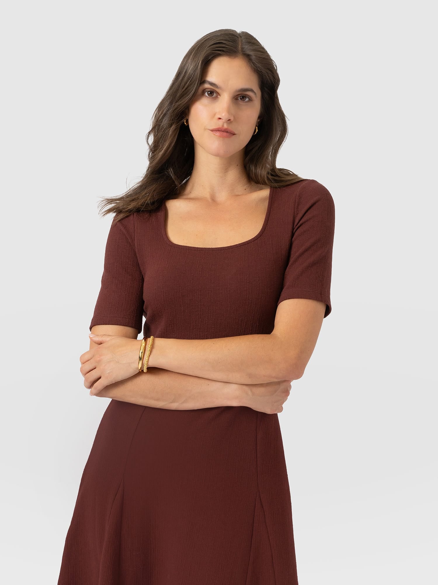 Akia Short Sleeve Dress - Maroon Textured - Women's Dresses | Saint and Sofia® UK