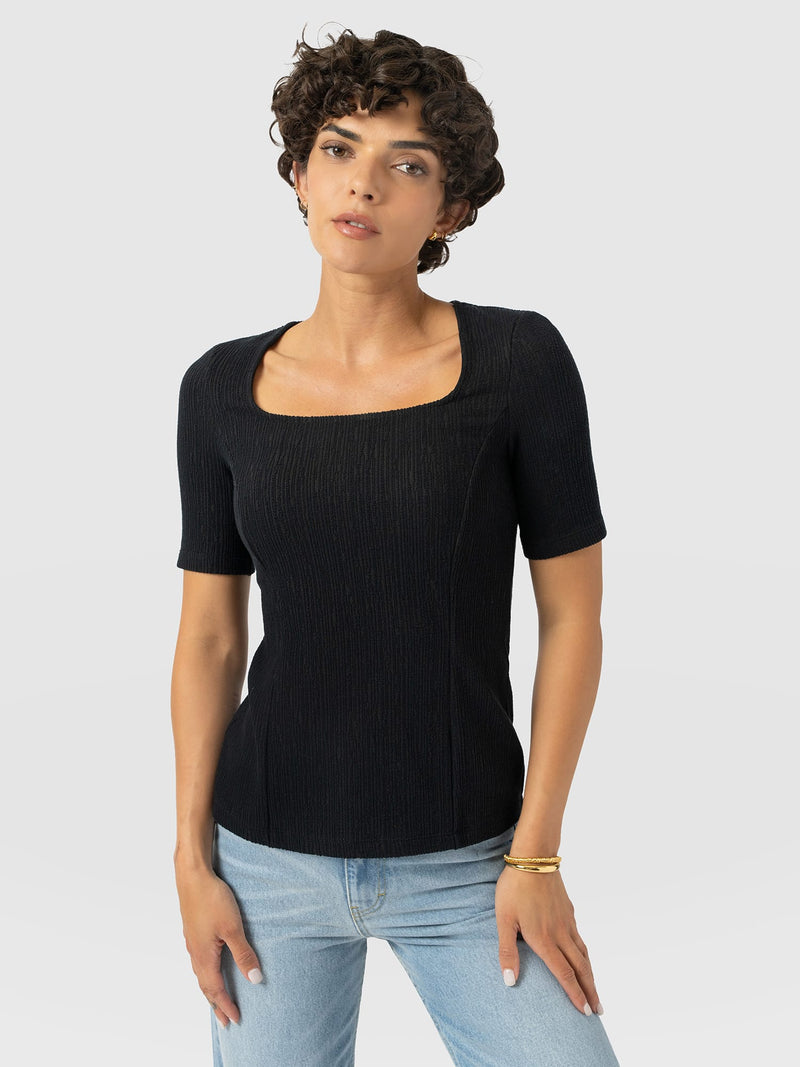 Akia Short Sleeve Tee - Black Textured - Women's T-Shirts | Saint and Sofia® UK