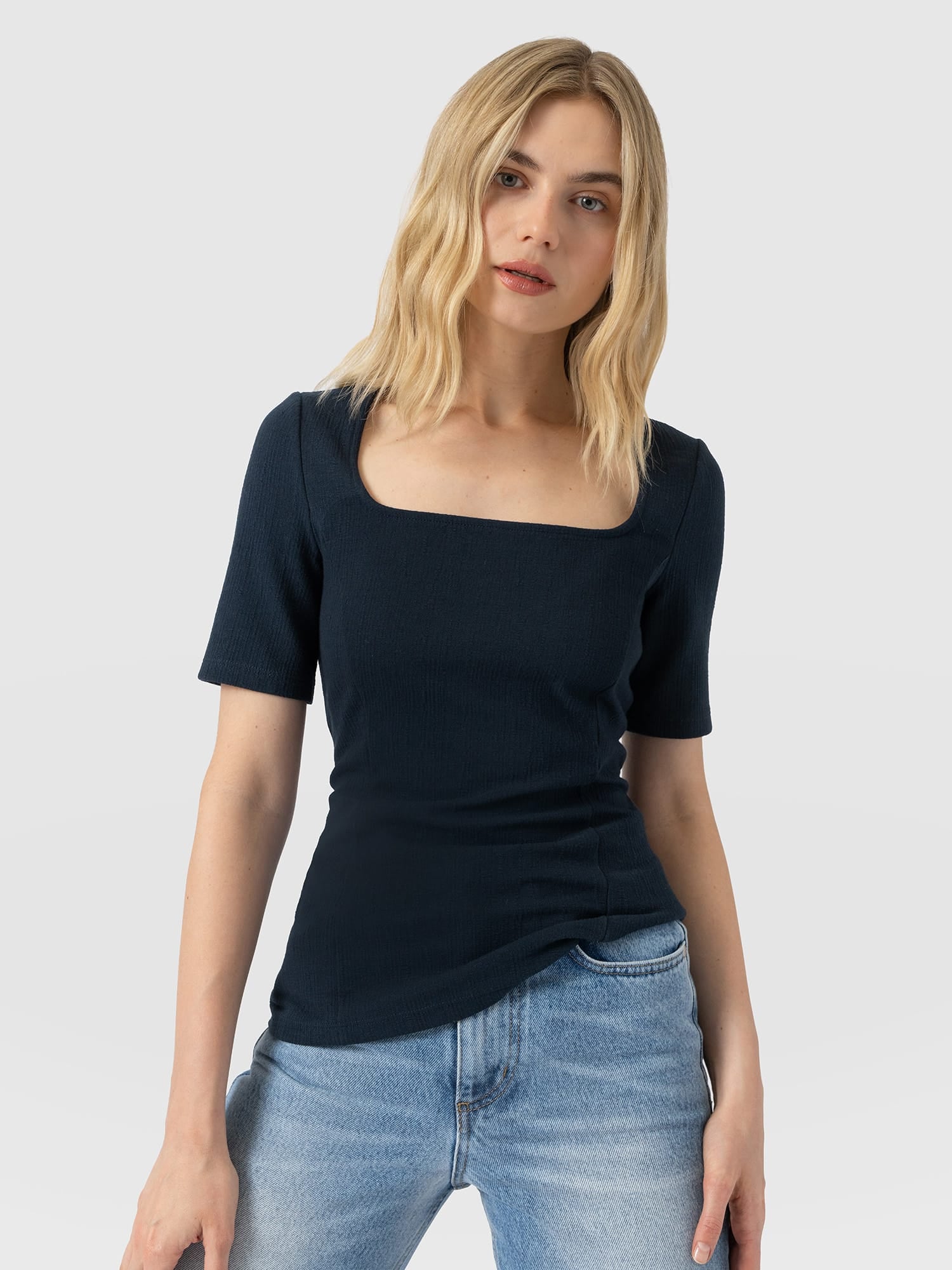 Akia Short Sleeve Tee - Navy Textured - Women's T-shirts | Saint and Sofia® UK