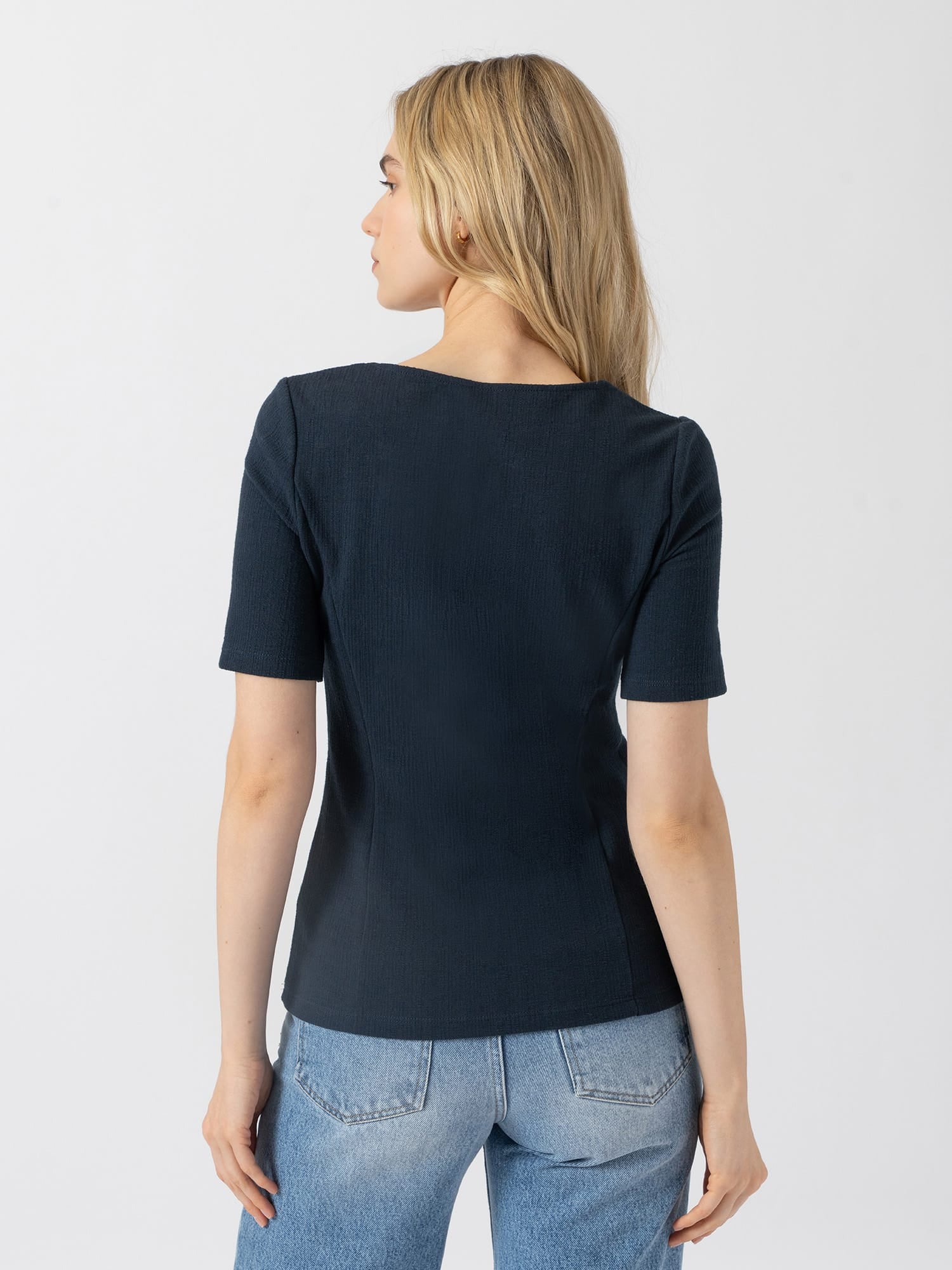 Akia Short Sleeve Tee - Navy Textured - Women's T-shirts | Saint and Sofia® UK