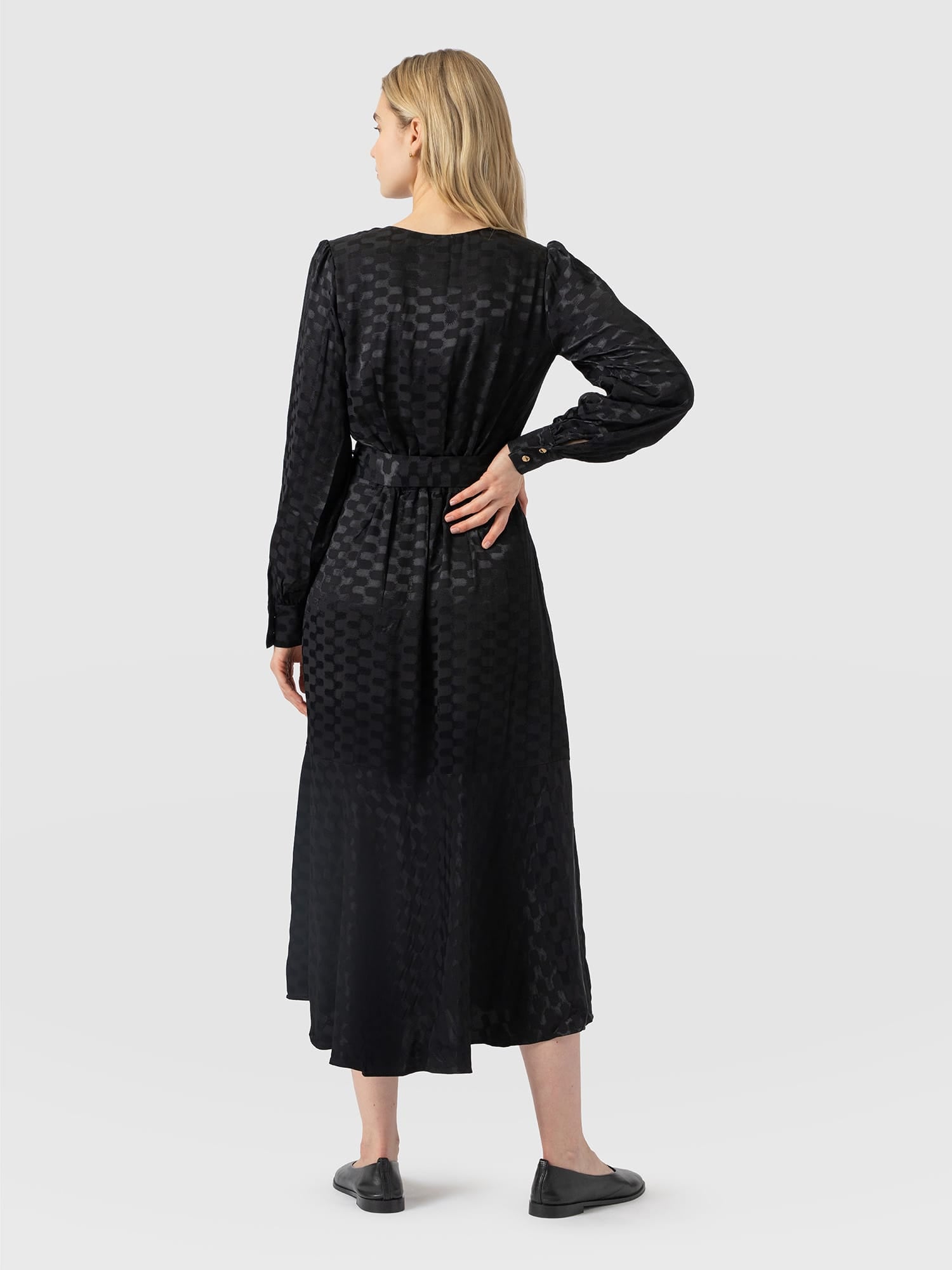 Allegra V Neck Dress - Black Jacquard - Women's Dresses | Saint and Sofia® UK