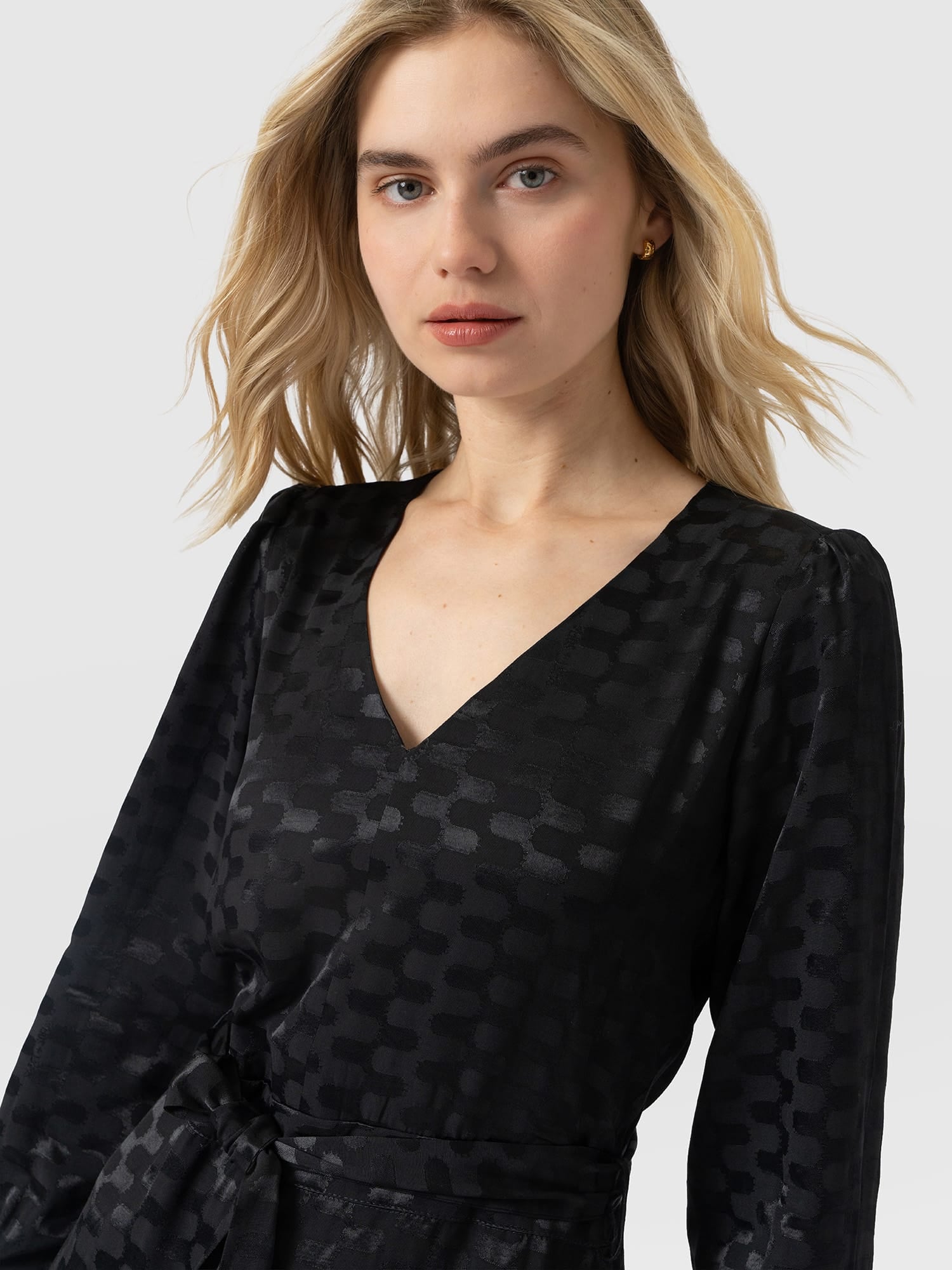 Allegra V Neck Dress - Black Jacquard - Women's Dresses | Saint and Sofia® UK