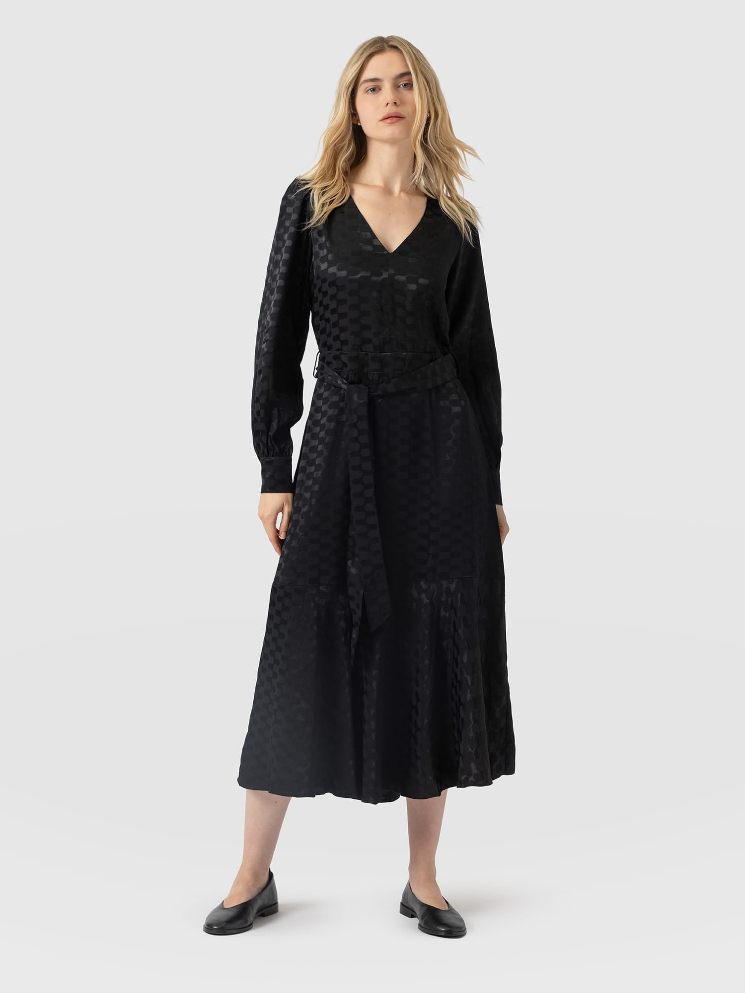 Allegra V Neck Dress - Black Jacquard - Women's Dresses | Saint and Sofia® UK