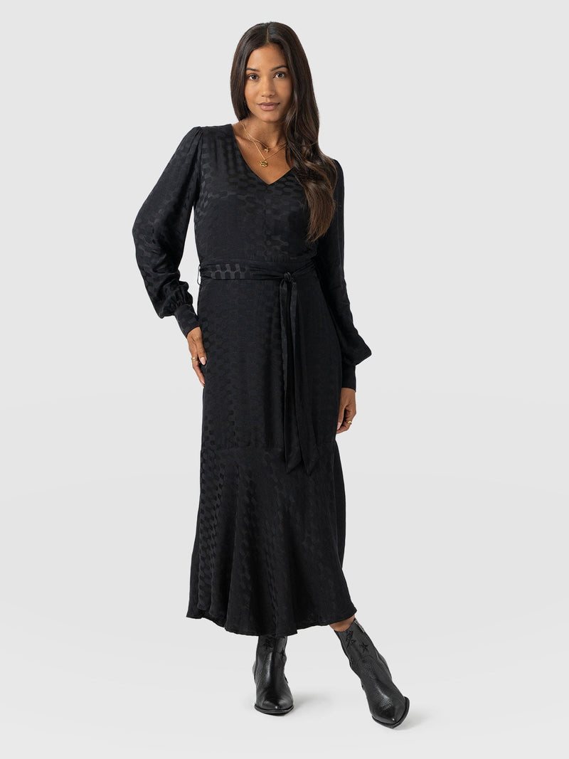 Allegra V Neck Dress - Black Jacquard - Women's Dresses | Saint + Sofia® UK