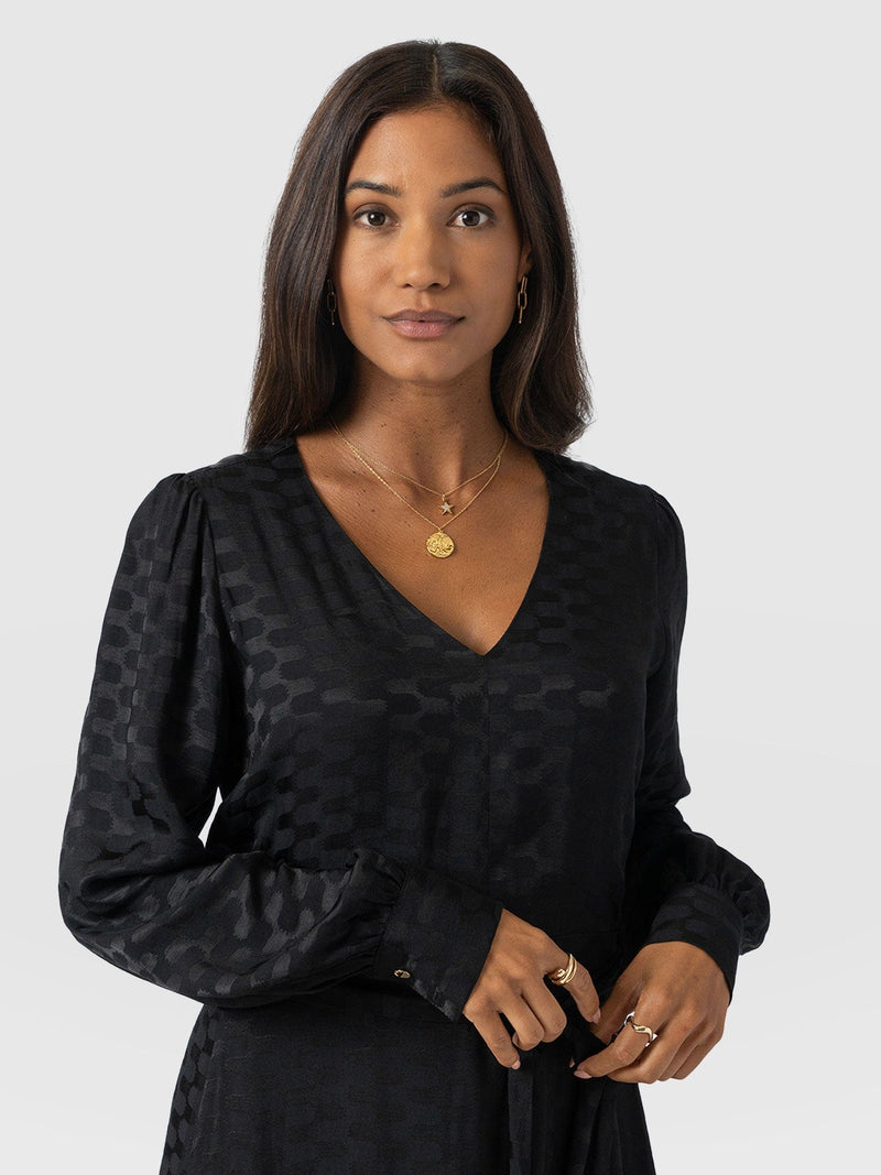 Allegra V Neck Dress - Black Jacquard - Women's Dresses | Saint + Sofia® UK