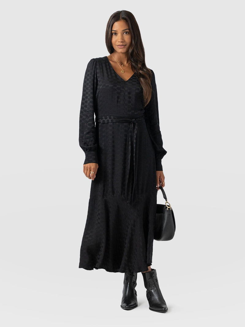 Allegra V Neck Dress - Black Jacquard - Women's Dresses | Saint + Sofia® UK
