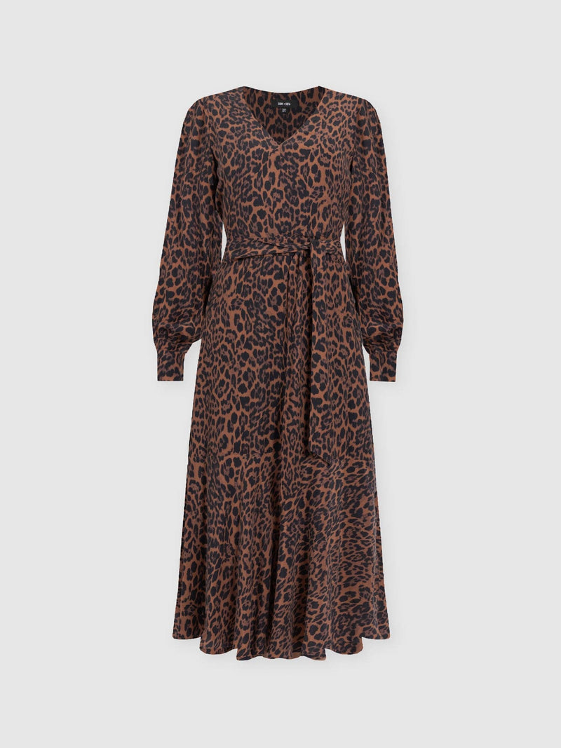 Allegra V Neck Dress - Brown Leopard - Women's Dresses | Saint + Sofia® UK
