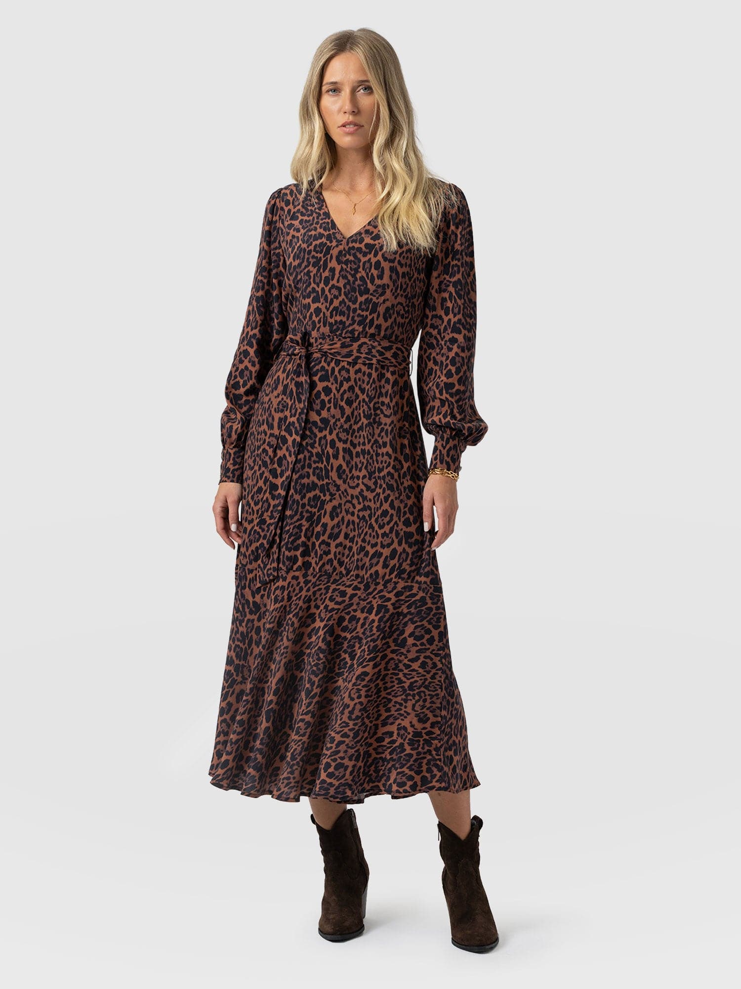 Allegra V Neck Dress - Brown Leopard - Women's Dresses | Saint + Sofia® UK