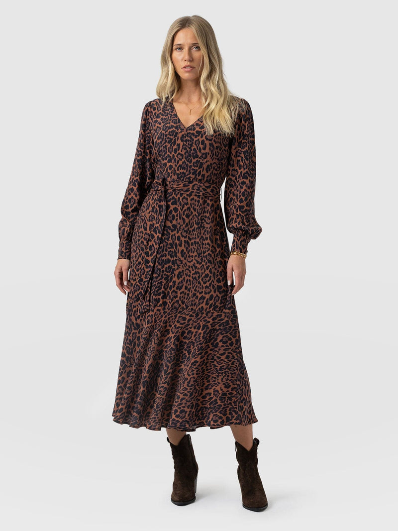 Allegra V Neck Dress - Brown Leopard - Women's Dresses | Saint + Sofia® UK
