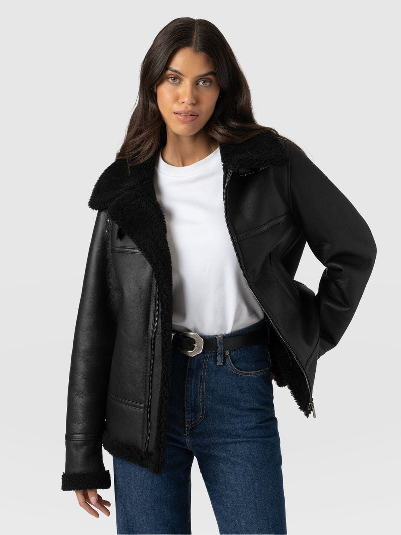 Amelia Aviator Jacket Black - Women's Leather Jackets | Saint + Sofia® UK
