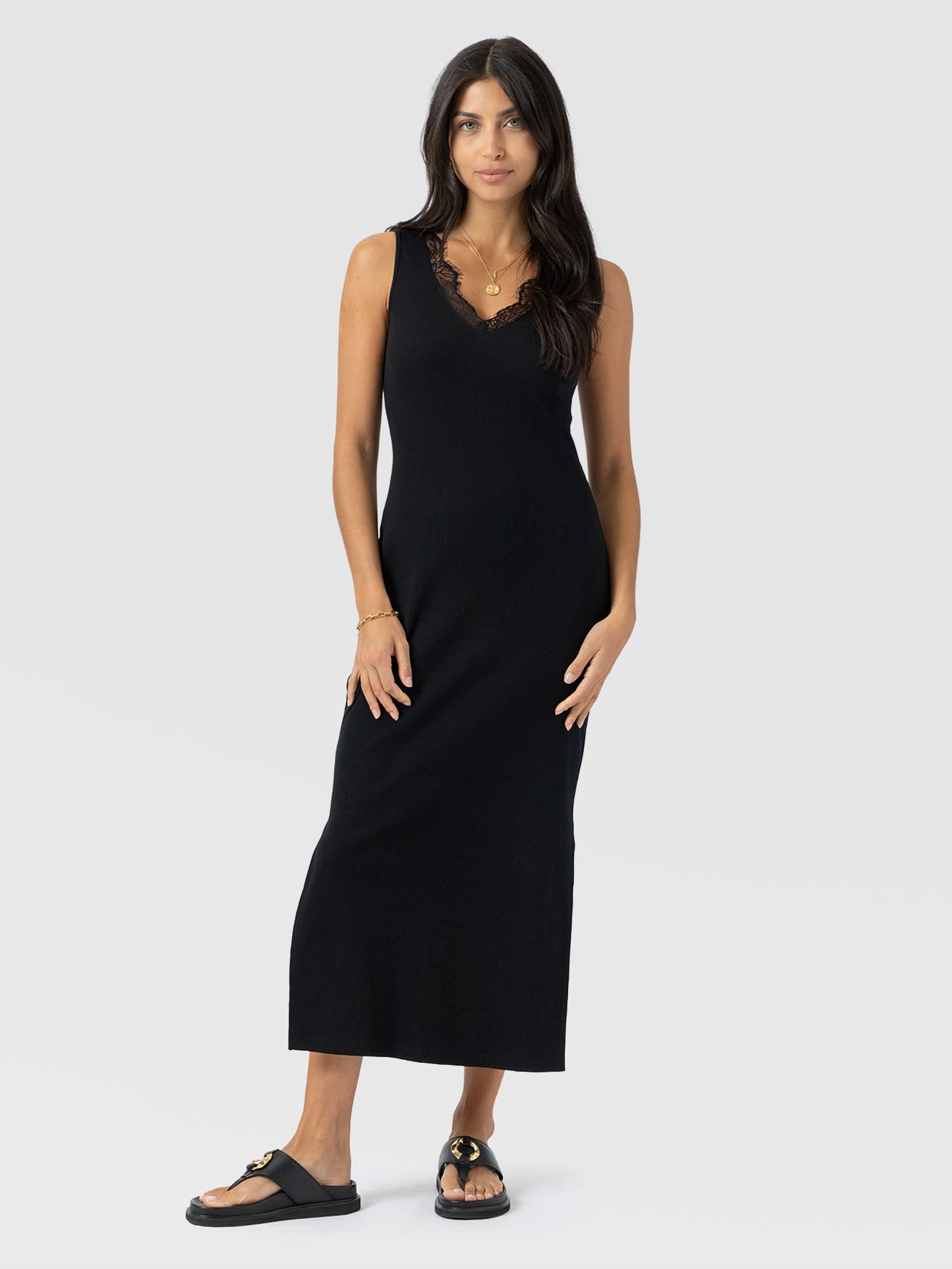 Andie Sleeveless V Neck Dress - Black Lace
