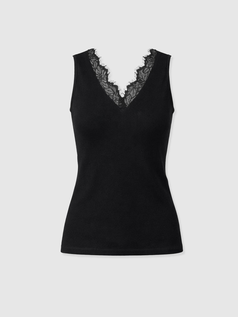 Andie V Neck Vest - Black Lace - Women's T-shirts | Saint + Sofia® UK