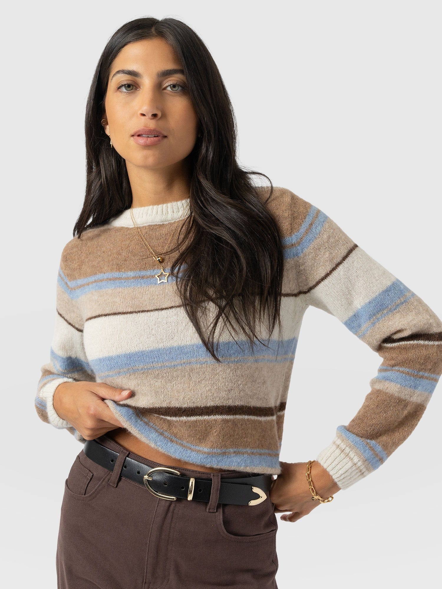 Ariella Boat Neck Jumper - Blue/Brown Stripe - Women's Jumpers | Saint + Sofia® UK