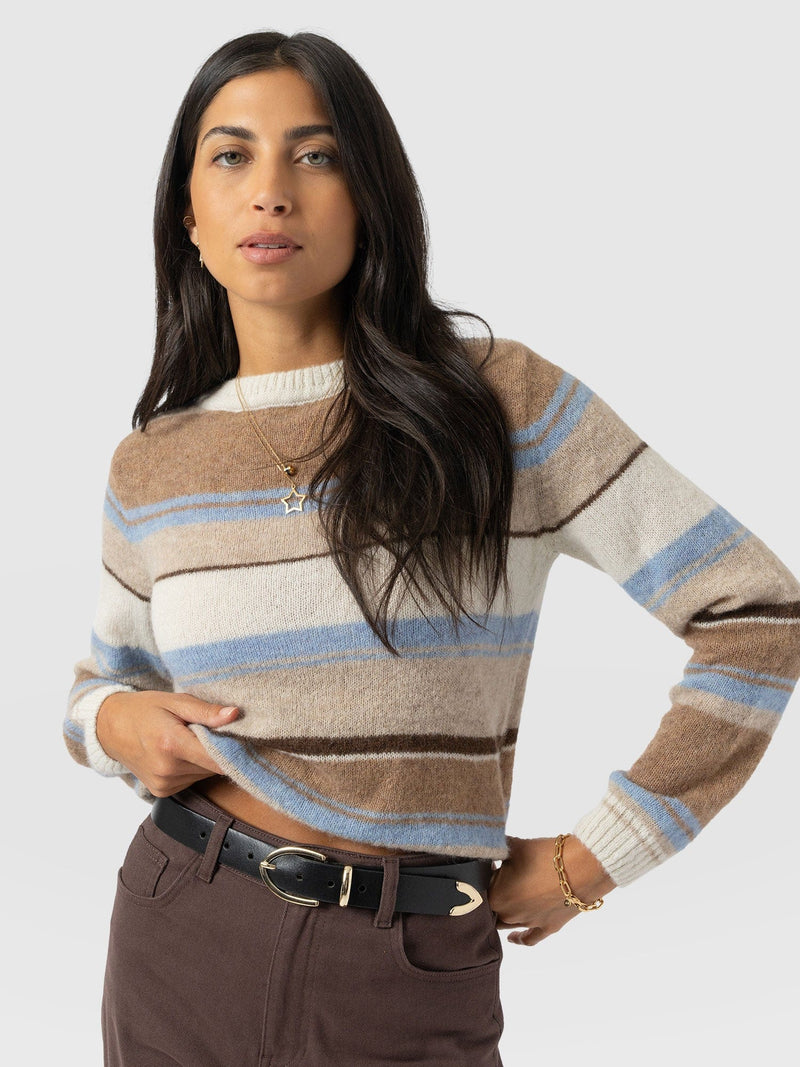 Ariella Boat Neck Jumper - Blue/Brown Stripe - Women's Jumpers | Saint + Sofia® UK