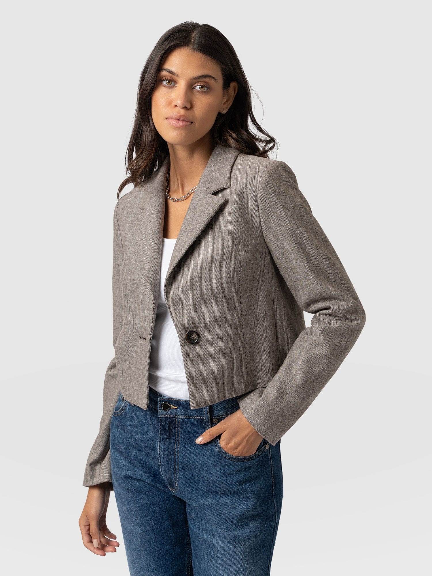 Astrid Cropped Blazer Brown Herringbone - Women's Blazers | Saint + Sofia® UK