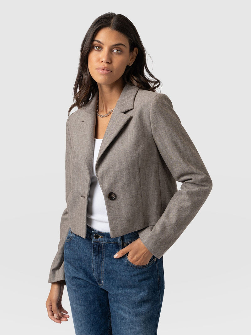 Astrid Cropped Blazer Brown Herringbone - Women's Blazers | Saint + Sofia® UK