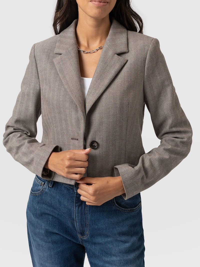 Astrid Cropped Blazer Brown Herringbone - Women's Blazers | Saint + Sofia® UK