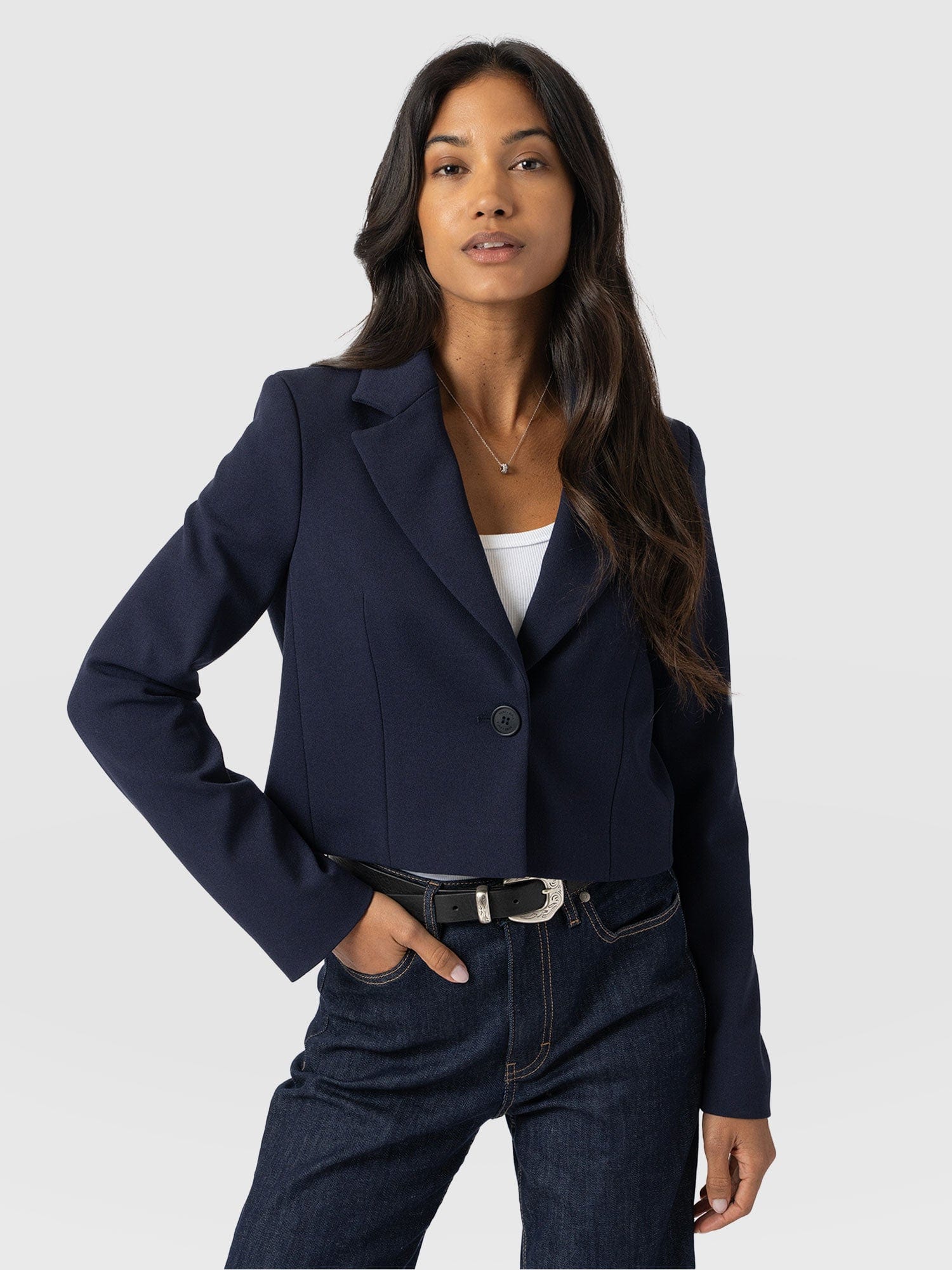 Astrid Crop Blazer Navy - Women's Blazers | Saint + Sofia® UK
