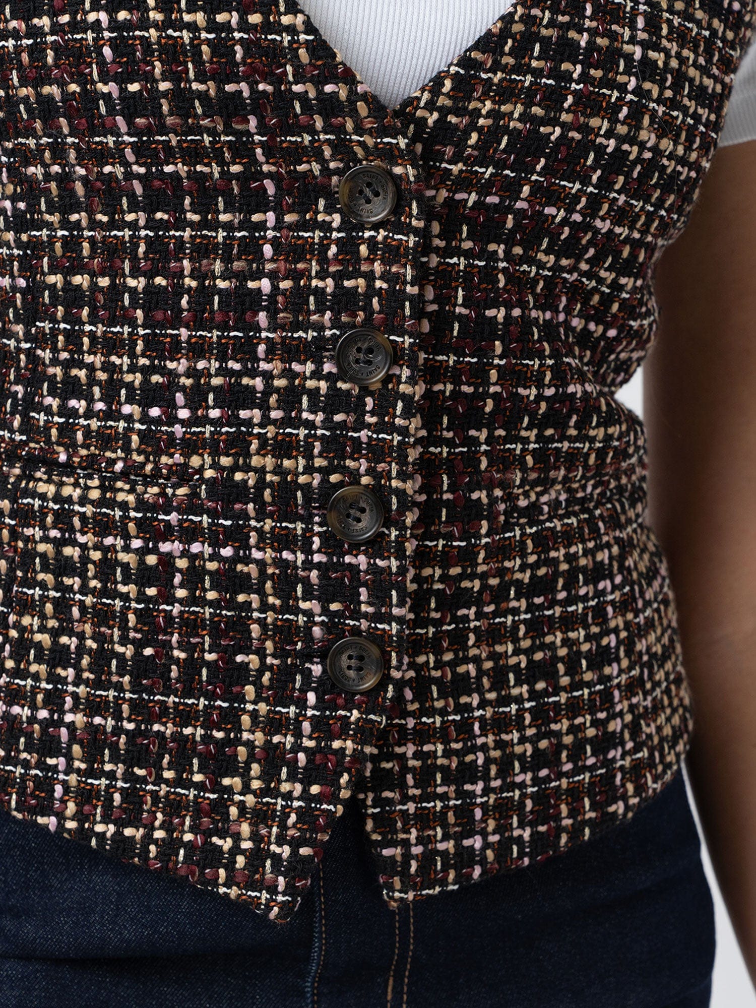 Astrid Waistcoat - Black/Burgundy/Gold Boucle - Women's Jackets | Saint + Sofia® UK