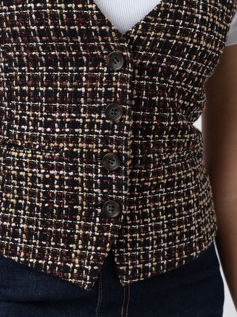 Astrid Waistcoat - Black/Burgundy/Gold Boucle - Women's Jackets | Saint + Sofia® UK