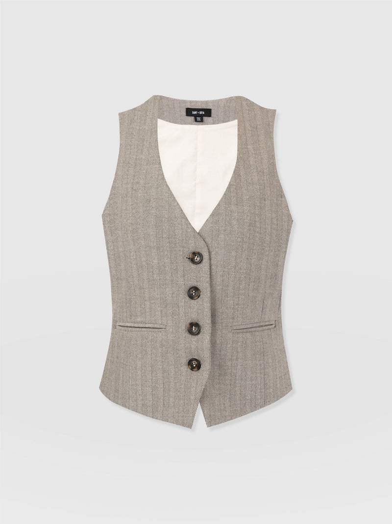 Astrid Waistcoat Brown Herringbone - Women's Blazers | Saint + Sofia® UK