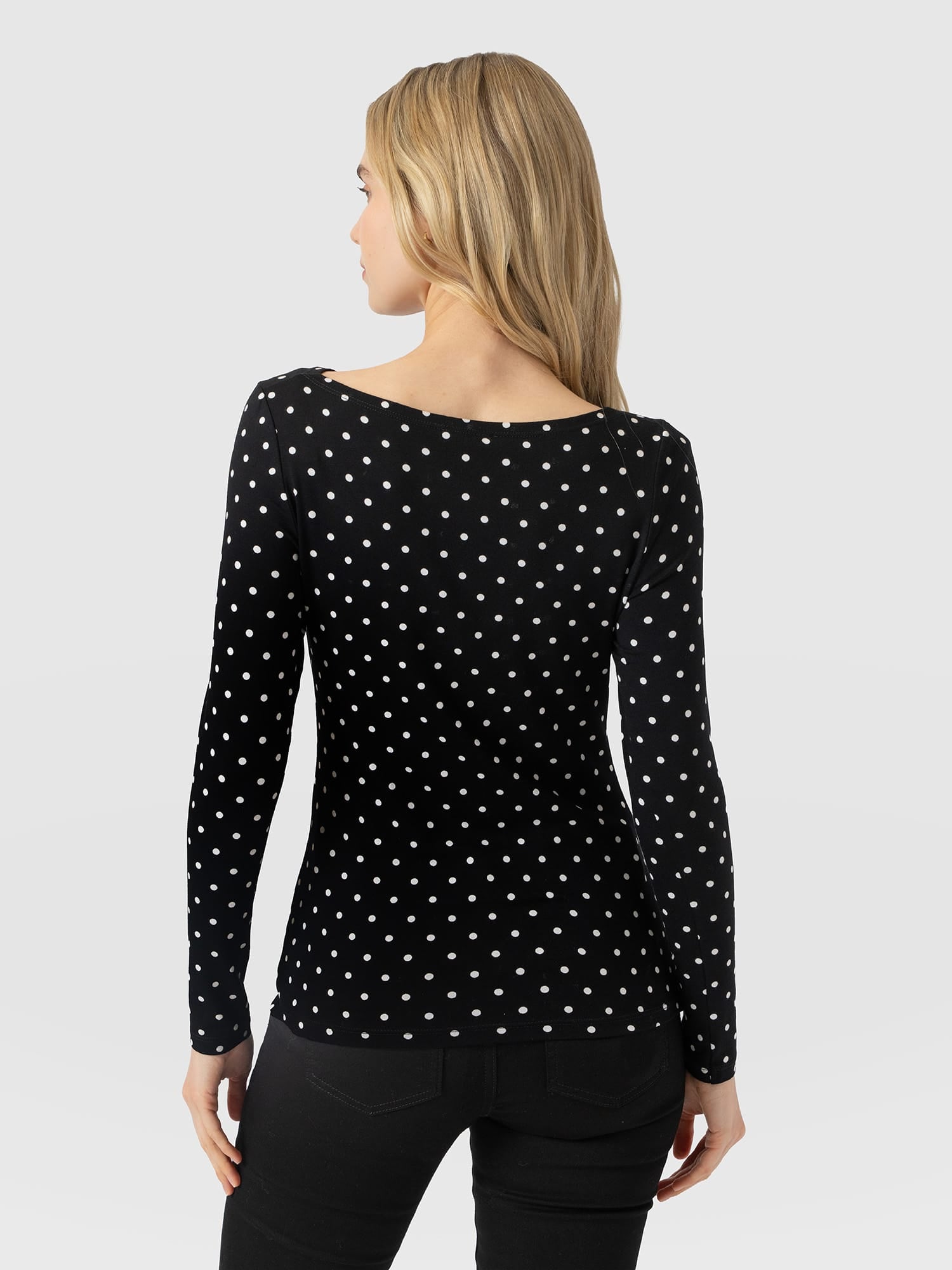 Austen Boat Neck Long Sleeve Tee - Black Polka Dot - Women's T-shirts | Saint and Sofia® UK