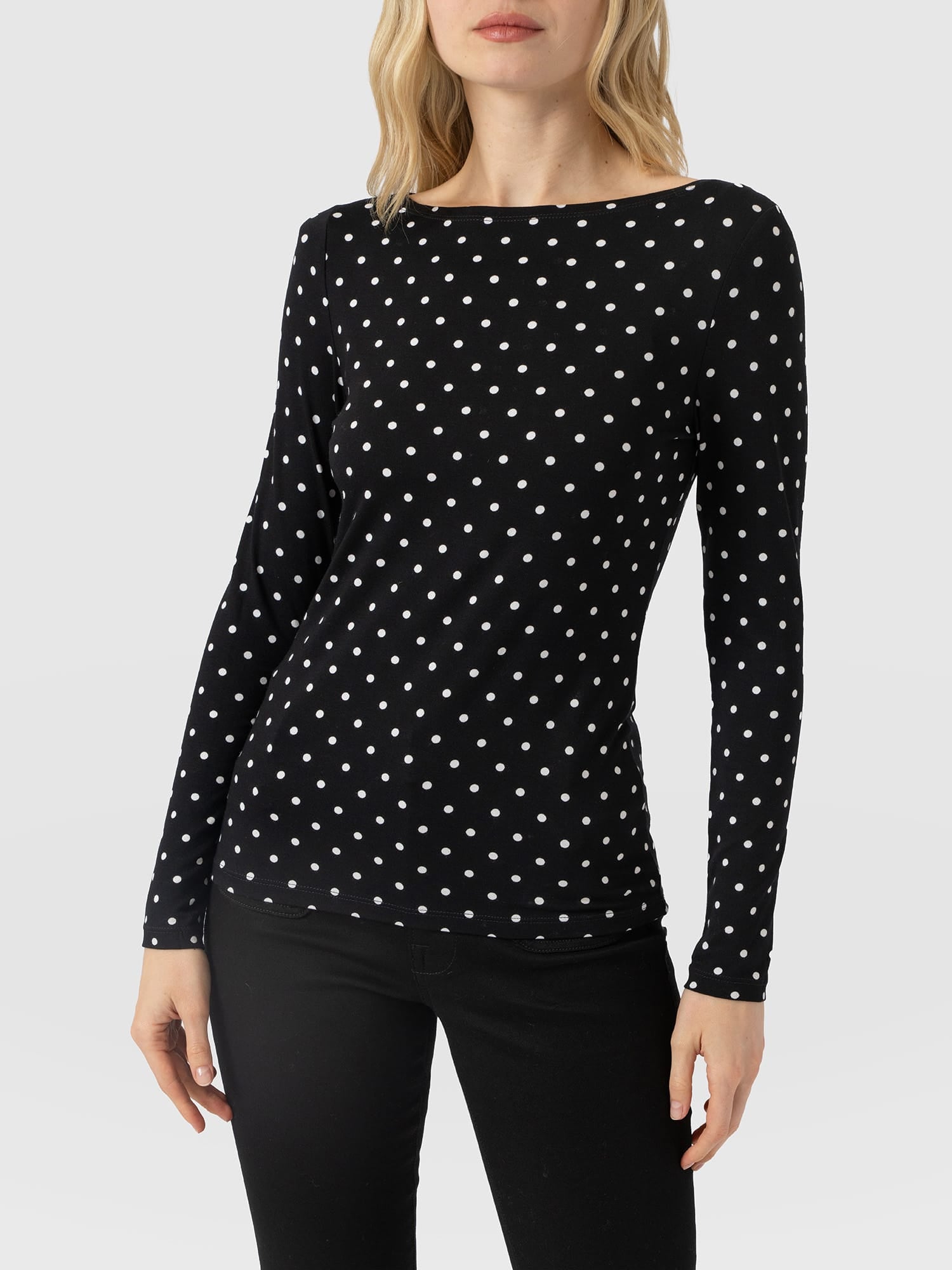 Austen Boat Neck Long Sleeve Tee - Black Polka Dot - Women's T-shirts | Saint and Sofia® UK