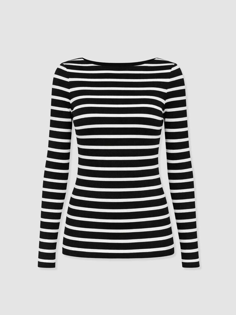 Austen Boat Neck Long Sleeve Tee - Black & White Stripe - Women's T-shirts | Saint and Sofia® UK