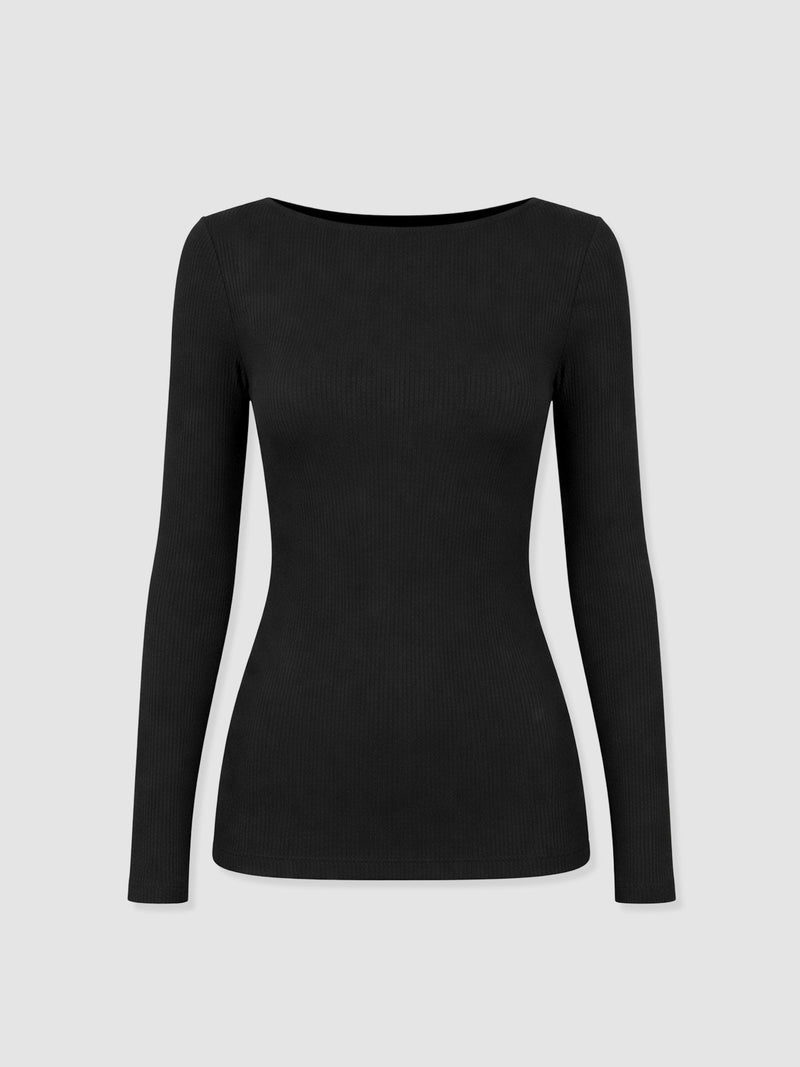 Austen Boat Neck Long Sleeve Tee - Black - Women's T-shirts | Saint + Sofia® UK