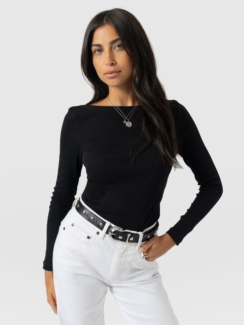 Austen Boat Neck Long Sleeve Tee - Black - Women's T-shirts | Saint + Sofia® UK