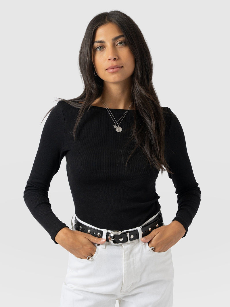 Austen Boat Neck Long Sleeve Tee - Black - Women's T-shirts | Saint + Sofia® UK