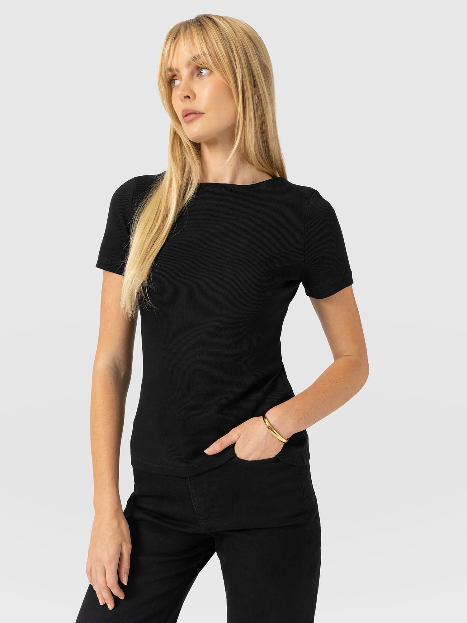 Austen Boat Neck Short Sleeve Tee - Black - Women's T-shirts | Saint and Sofia® UK