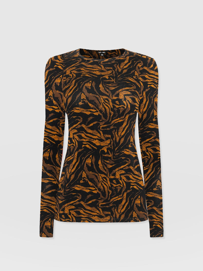 Austen Crew Neck Long Sleeve Tee - Brown Zebra