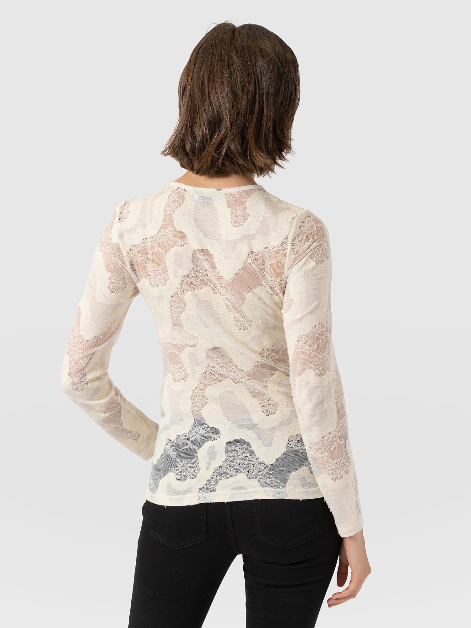 Austen Crew Neck Long Sleeve Tee - Cream Lace