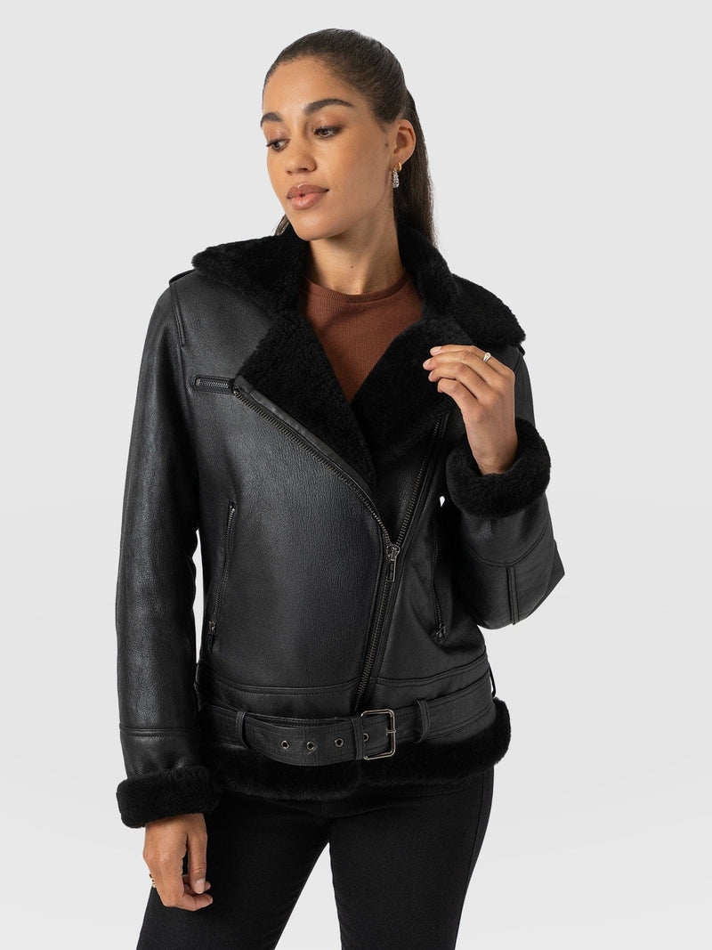 Aviator Shearling Jacket Black - Women's Jackets | Saint + Sofia® UK