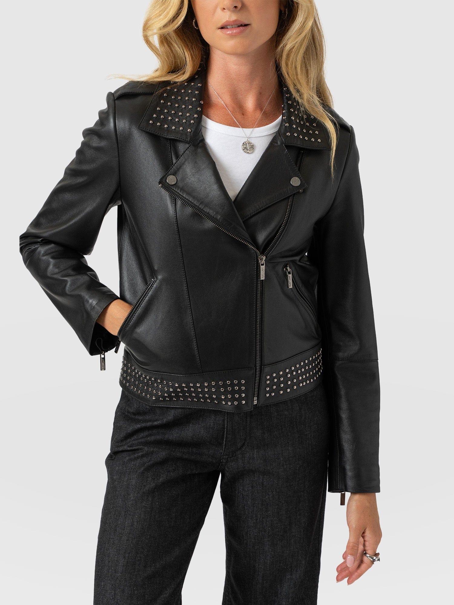 Bonham Studded Biker Jacket Black - Women's Leather Jacket | Saint + Sofia® UK