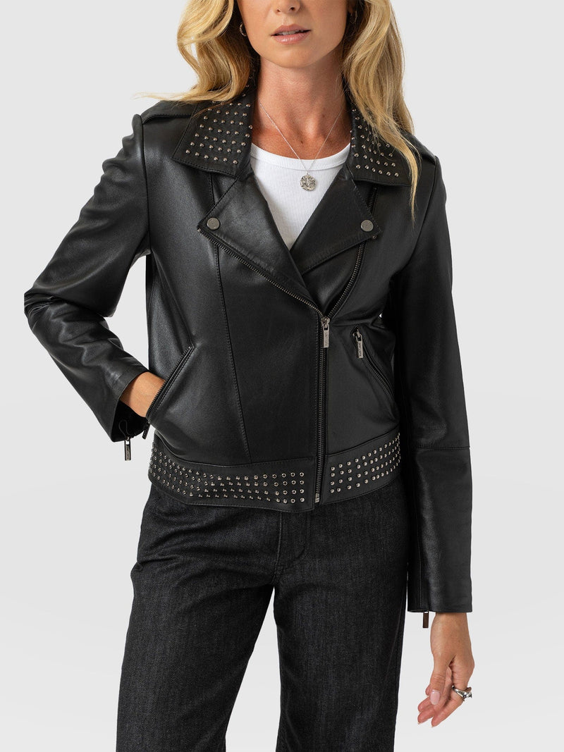 Bonham Studded Biker Jacket Black - Women's Leather Jacket | Saint + Sofia® UK