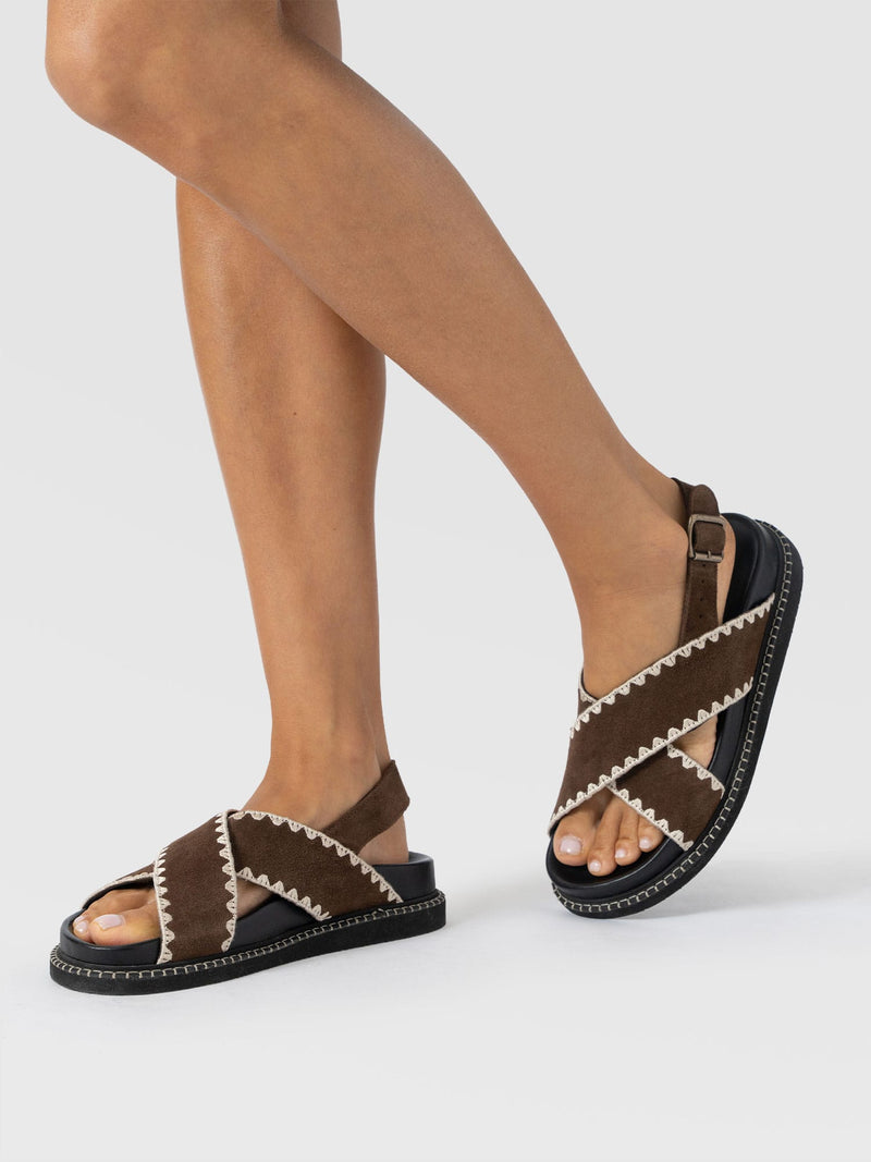 Bonnie Cross Over Sandals - Chocolate Suede - Women's Shoes | Saint + Sofia® UK
