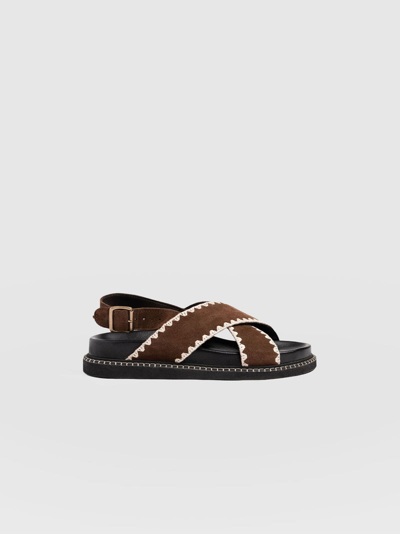 Bonnie Cross Over Sandals - Chocolate Suede - Women's Shoes | Saint + Sofia® UK