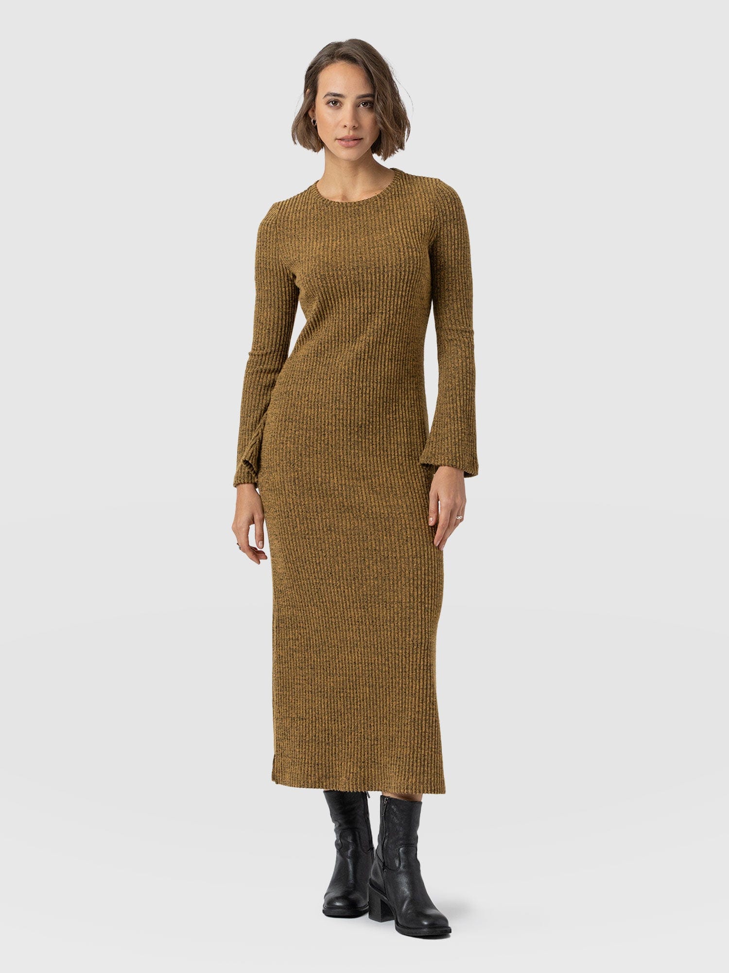 Callie Fluted Midi Dress - Mustard Melange - Women's Dresses | Saint + Sofia® UK
