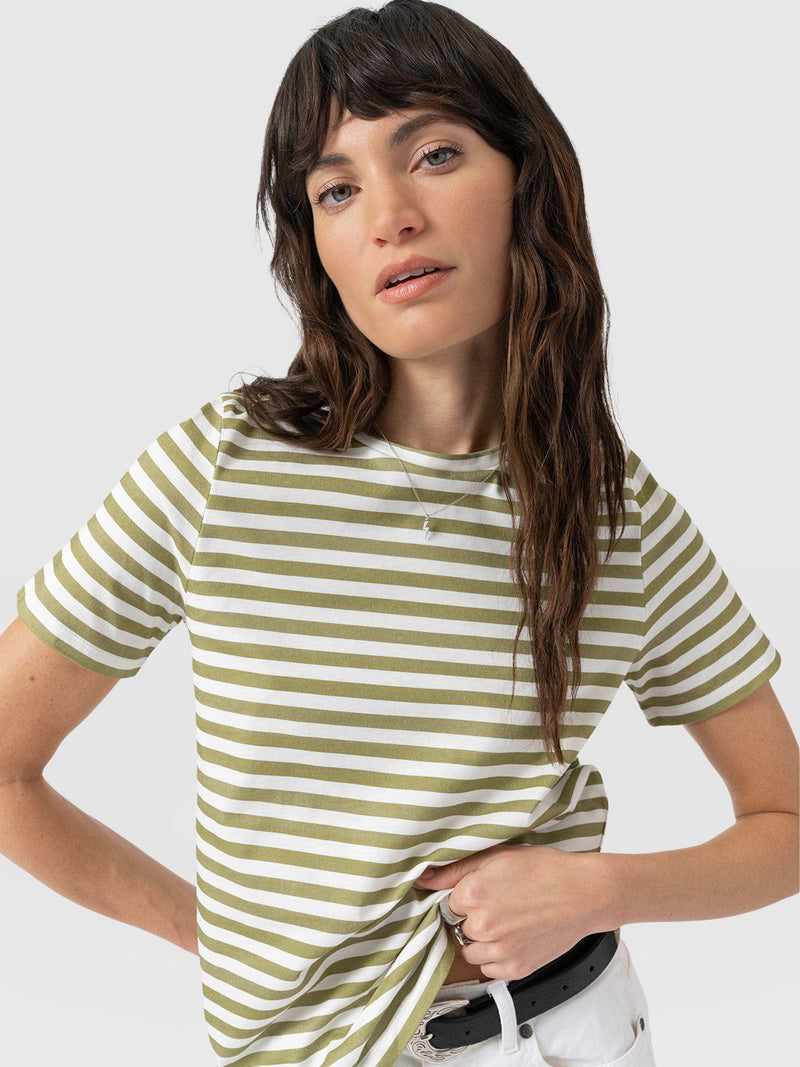 Chelsea Crew Neck Tee - Green Stripe - Women's T-shirts | Saint + Sofia® UK