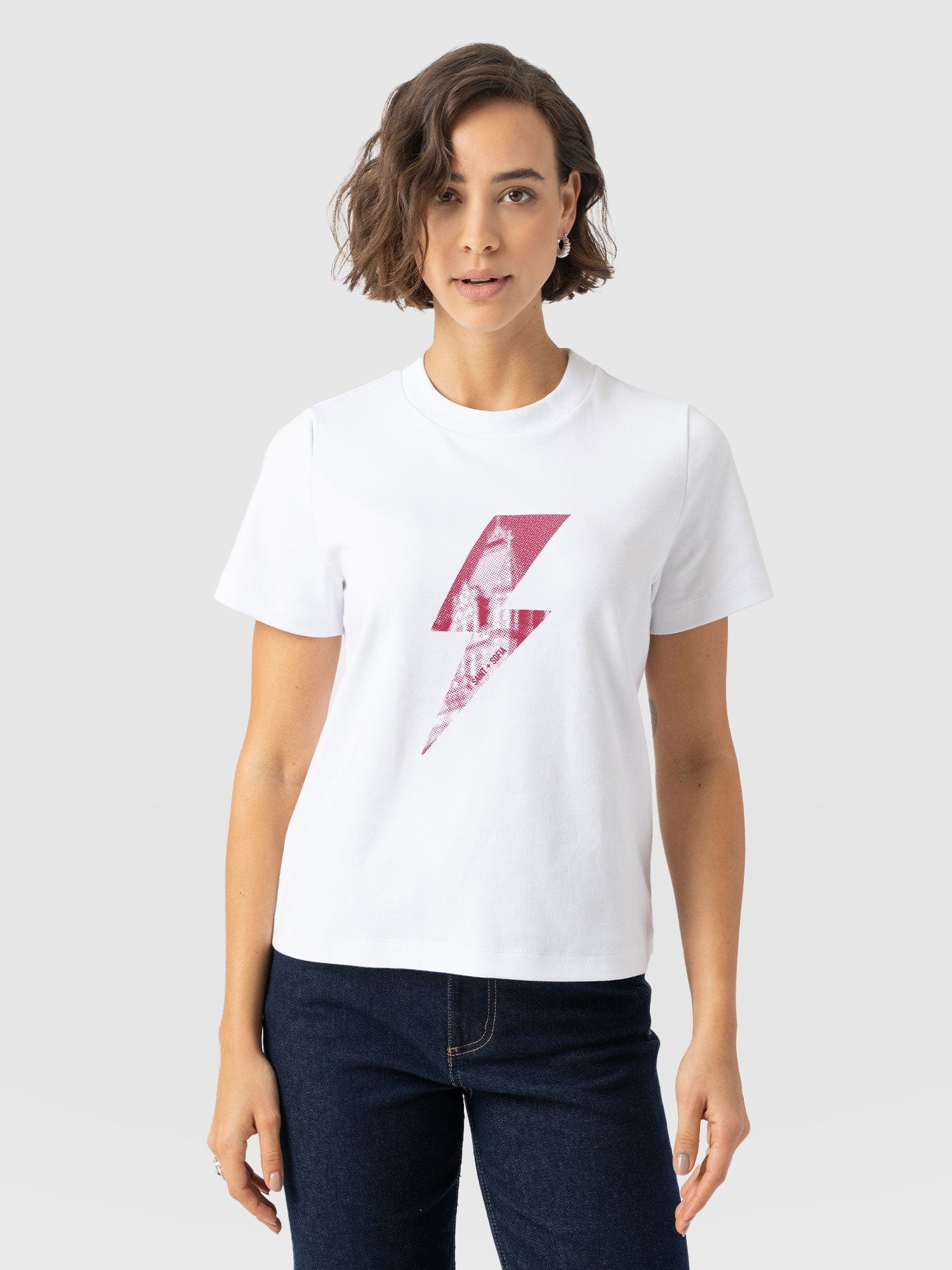 Chelsea Crew Neck Tee - White - Pink Lightning Bolt - Women's T-shirts | Saint + Sofia? UK