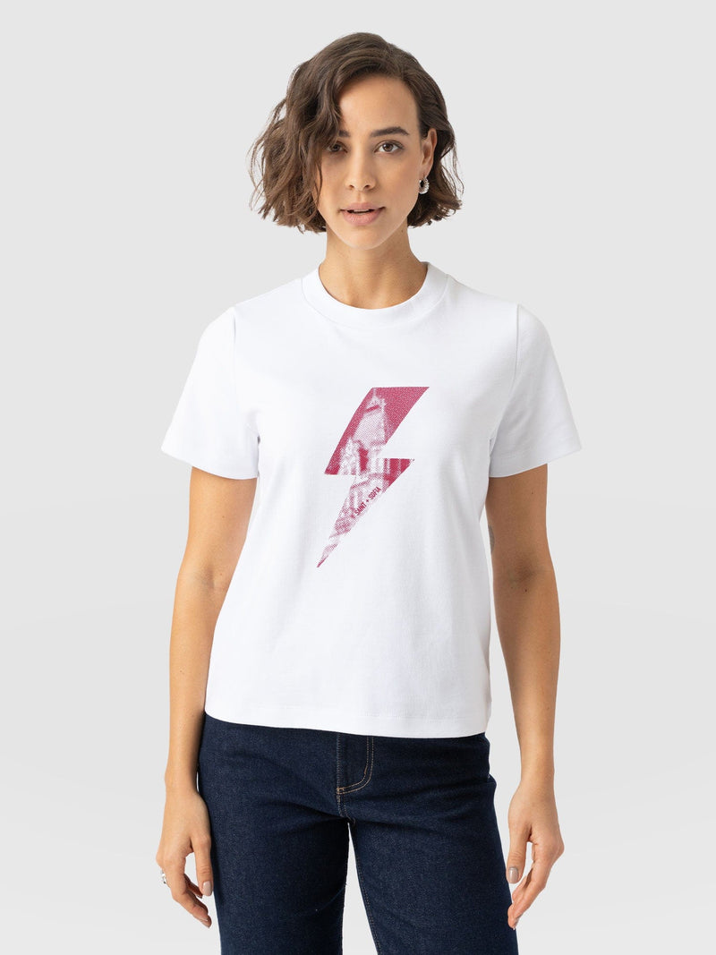 Chelsea Crew Neck Tee - White - Pink Lightning Bolt - Women's T-shirts | Saint + Sofia? UK
