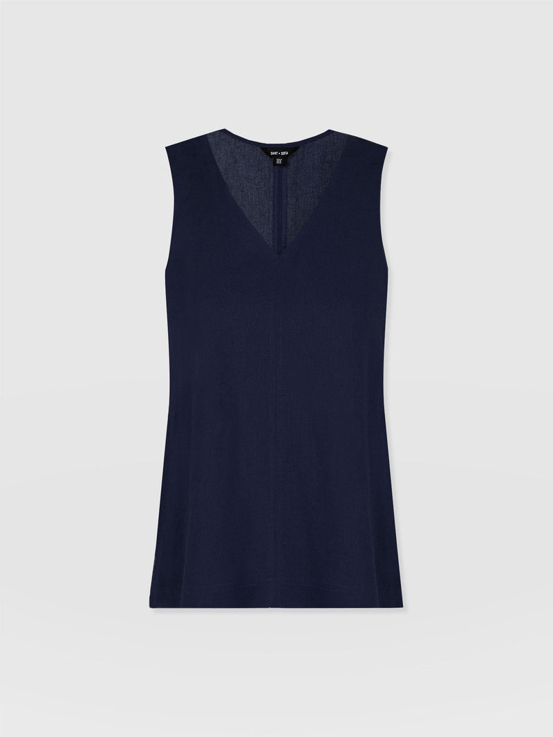 Corinne Linen V Neck Tunic - Navy - Women's T-shirts | Saint and Sofia® UK