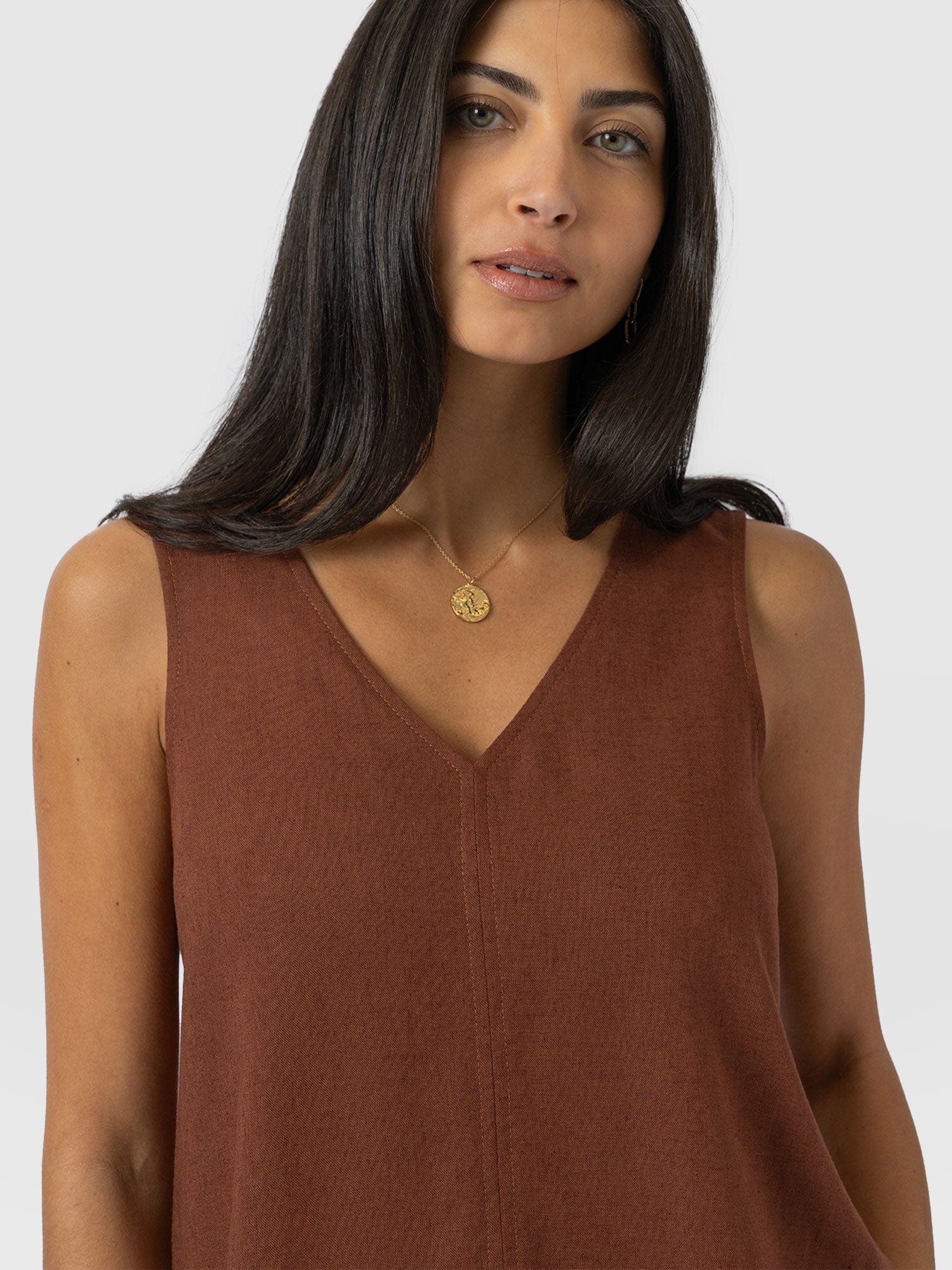 Corinne Linen V Neck Tunic - Russet Brown - Women's Tops | Saint + Sofia® UK