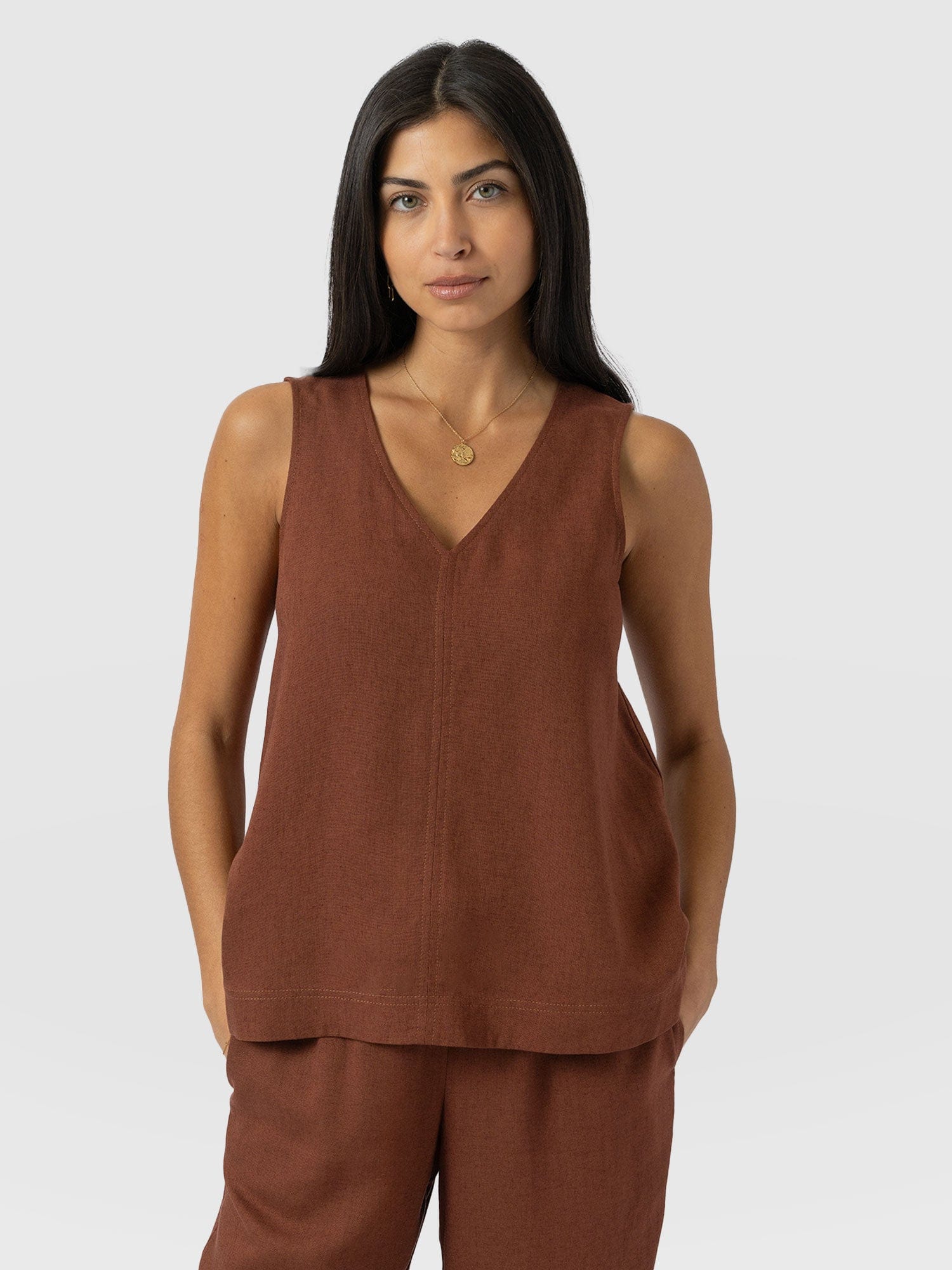 Corinne Linen V Neck Tunic - Russet Brown - Women's Tops | Saint + Sofia® UK