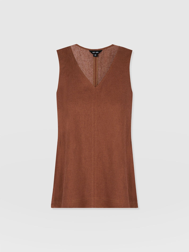 Corinne Linen V Neck Tunic - Russet Brown - Women's Tops | Saint + Sofia® UK