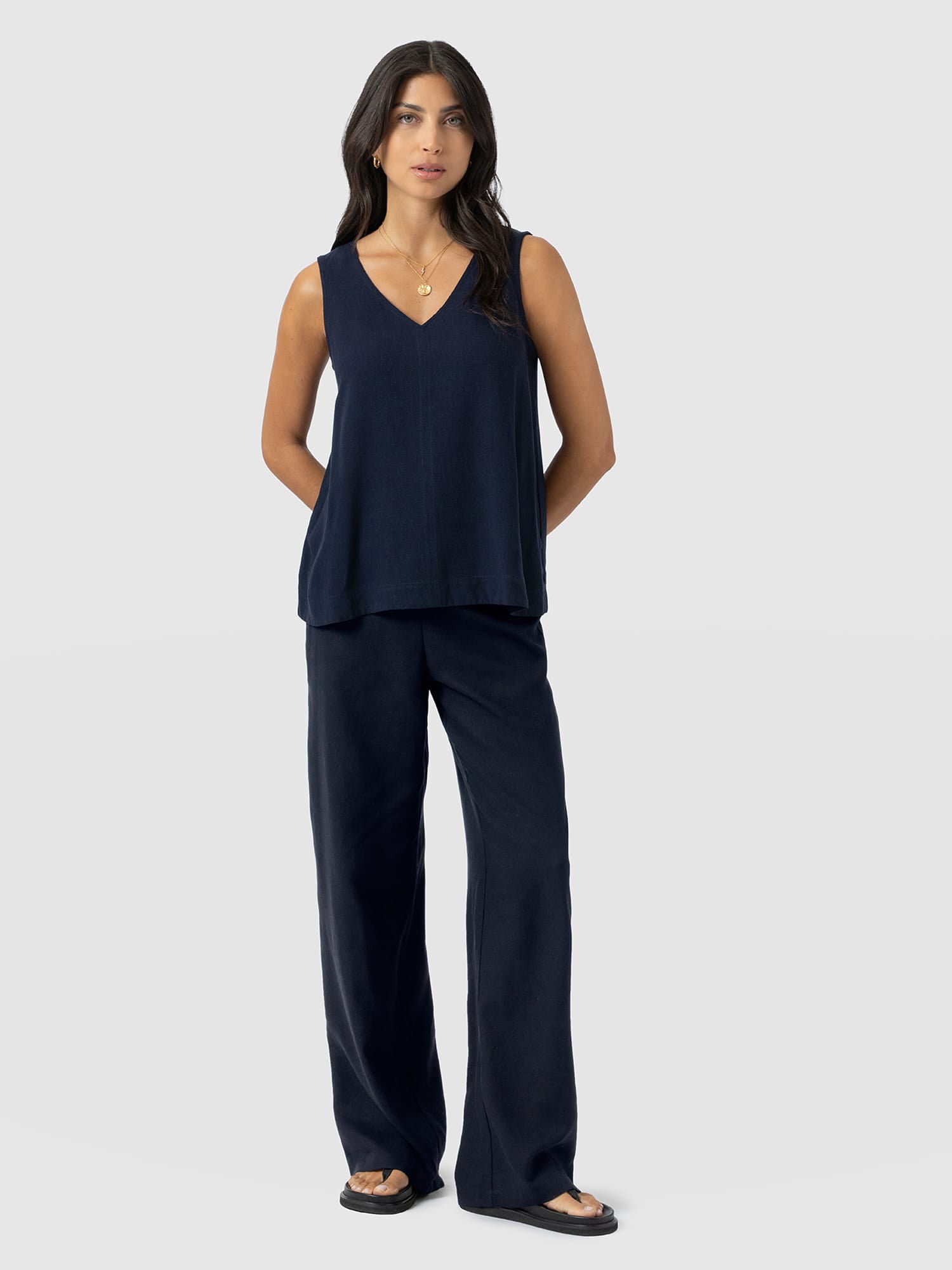 Corinne Wide Leg Linen Pant - Navy - Women's Trousers | Saint + Sofia® UK