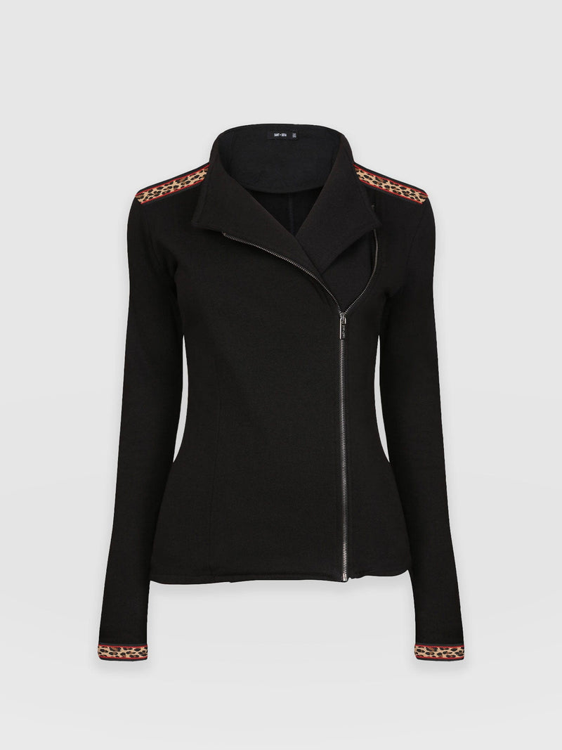 Cotton Biker Jacket Black Leopard - Women's Jackets | Saint + Sofia® UK